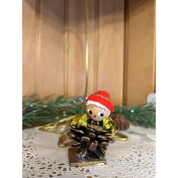 Vintage Elf Handmade Pinecone Christmas Ornament Red Hat - Picture 1 of 4